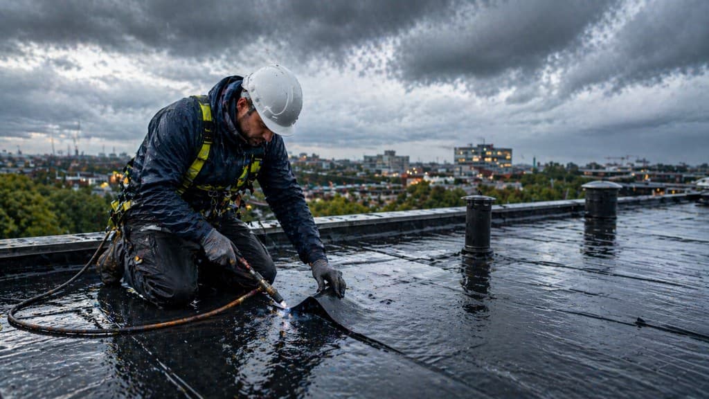 Dakdekker die bitumen dakbedekking aanbrengt