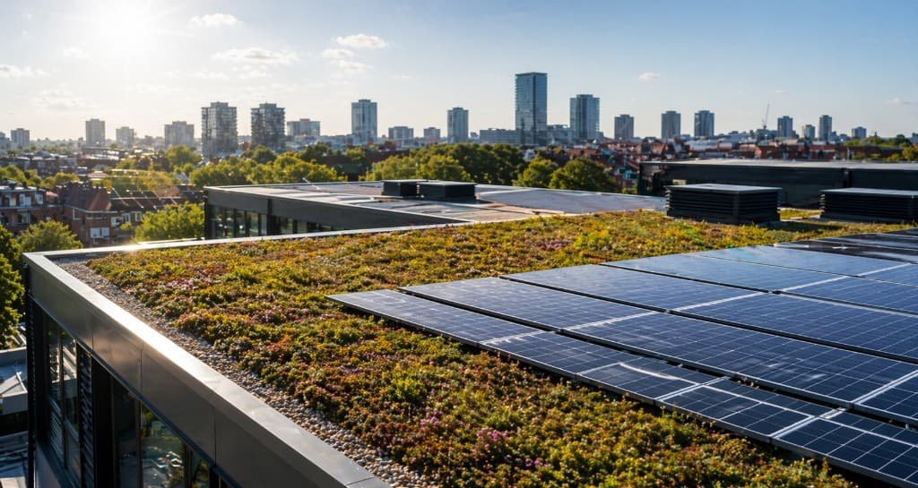 Sedumdak en zonnepanelen op een bedrijfspand met uitzicht op Rotterdam