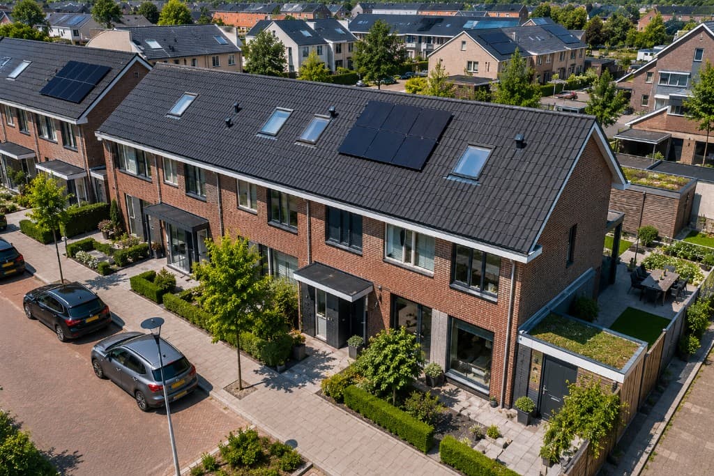 Rijtjeshuizen met zonnepanelen en goed onderhouden daken in een woonwijk